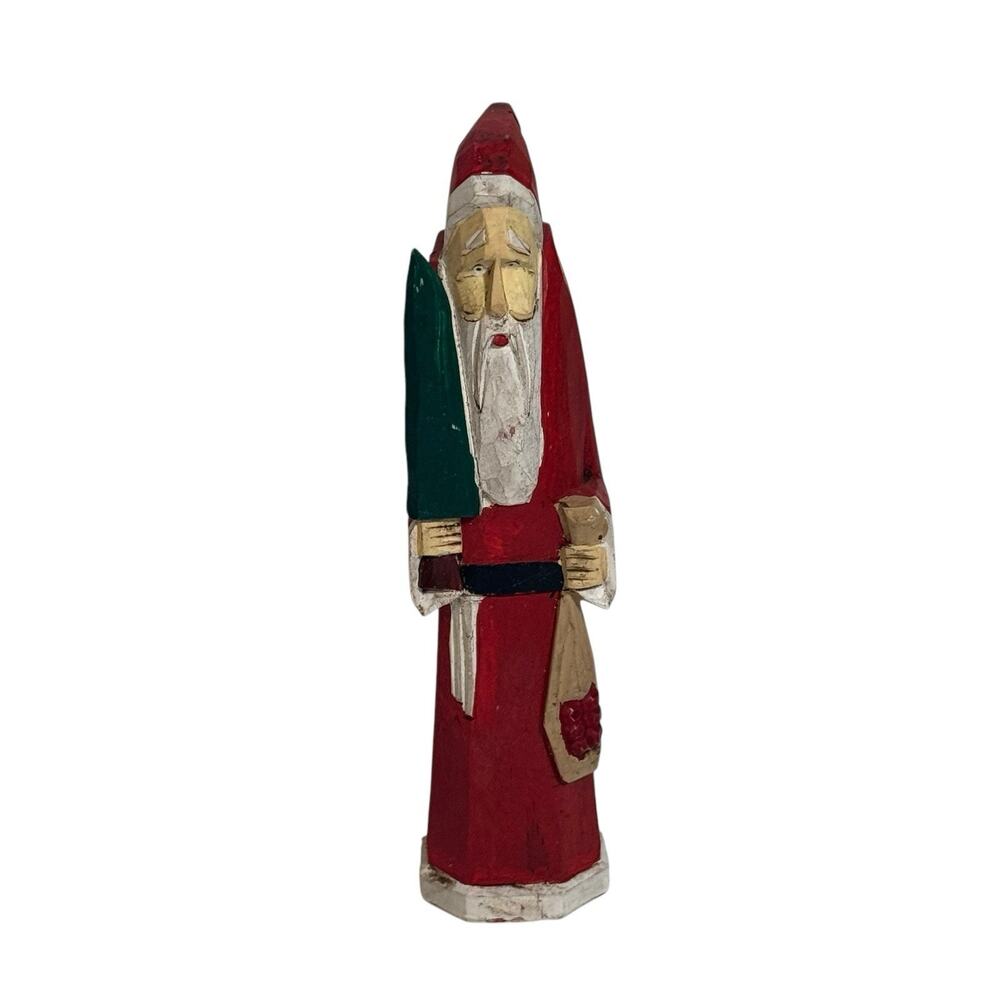 Midwest of Cannon Falls Pencil Wooden Santa Holding Tree 8” Rustic Folk Art